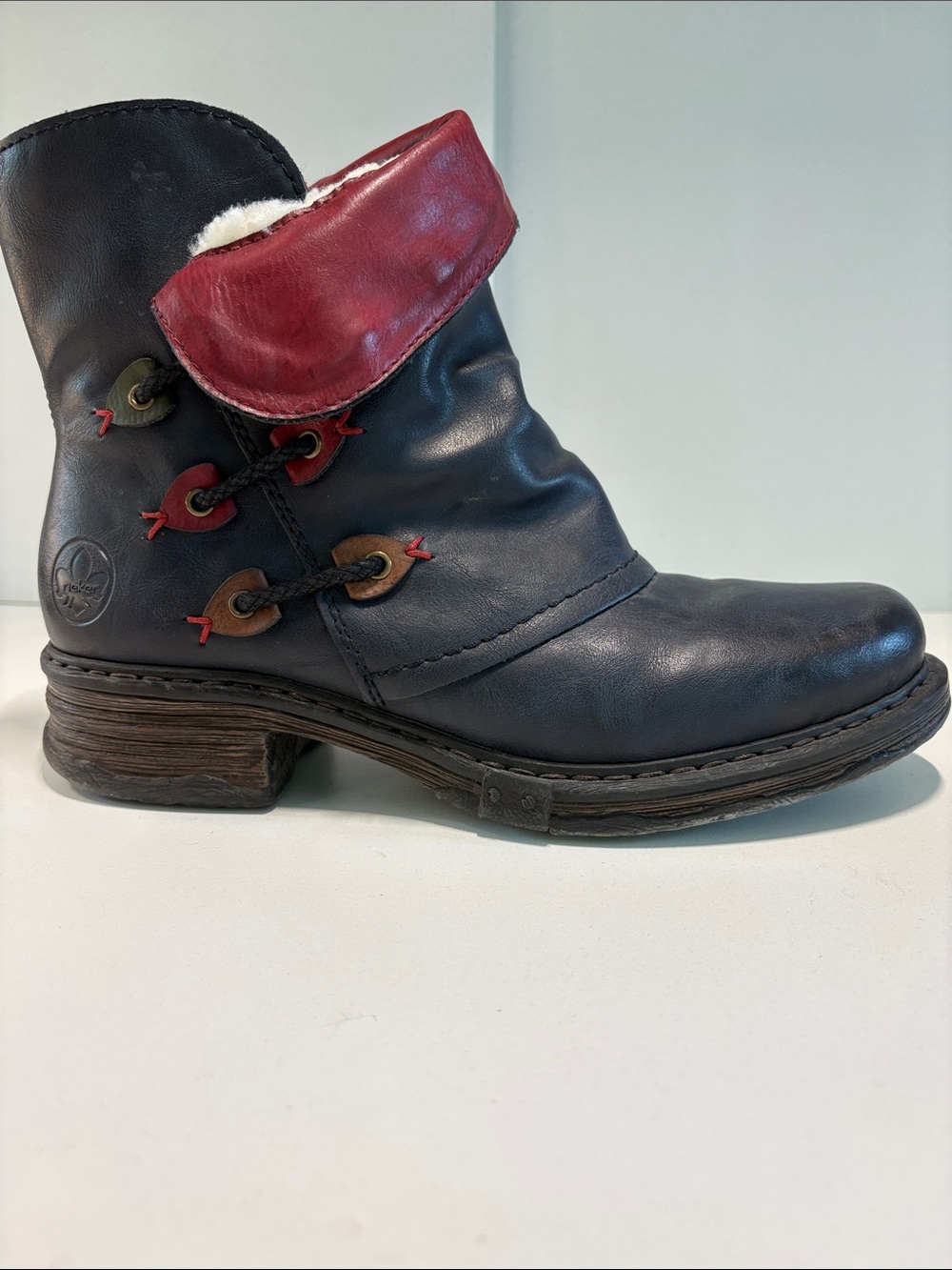 Rieker Navy Vegan Ankle Boots with Red, Green and Camel Accents